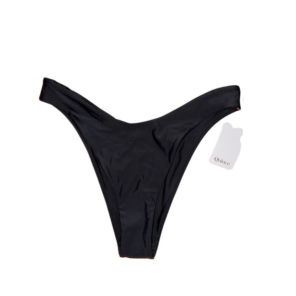 Quince Bikini Bottom Womens Size L Black High-Cut Thong High-Leg Stretch